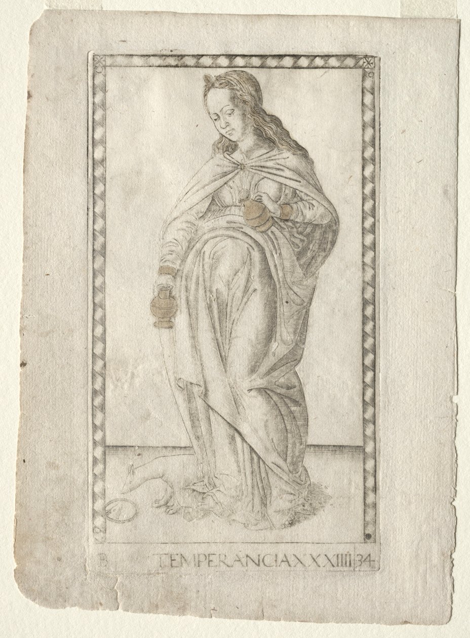 Temperance fra Tarocchi, serie B: Cosmic Principles & Virtues, #34, før 1467. av Master of the E Series Tarocchi