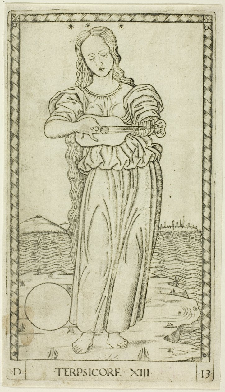 Terpsichore, plate tretten fra Apollo and the Muses av Master of the E Series Tarocchi