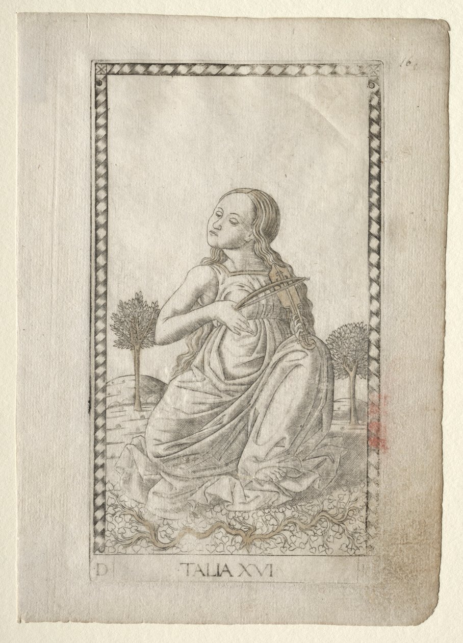 Thalia-komedie, pastoral poesi fra Tarocchi-serien D..., før 1467. av Master of the E Series Tarocchi