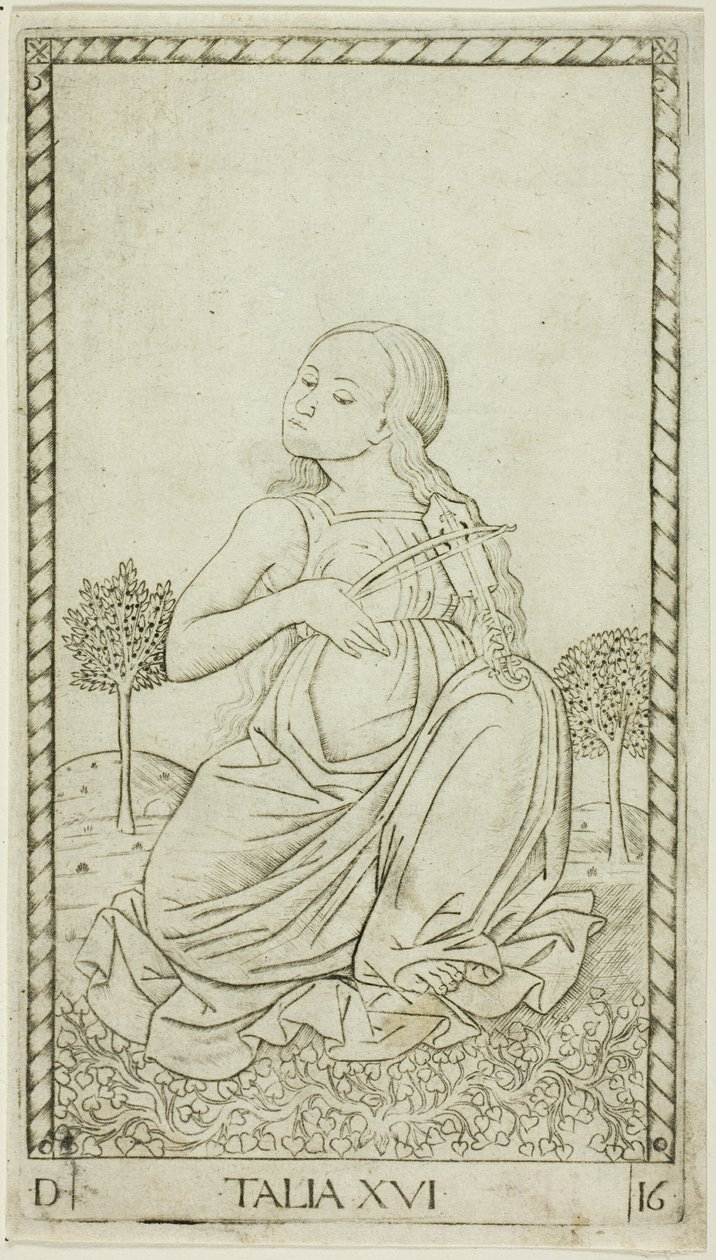 Thalia, plate seksten fra Apollo and the Muses av Master of the E Series Tarocchi