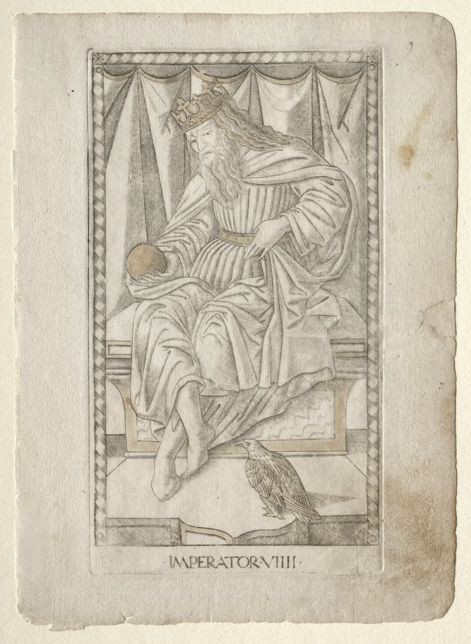 The Emperor from the Tarocchi, serie E: Conditions of Man, #9, før 1467. av Master of the E Series Tarocchi
