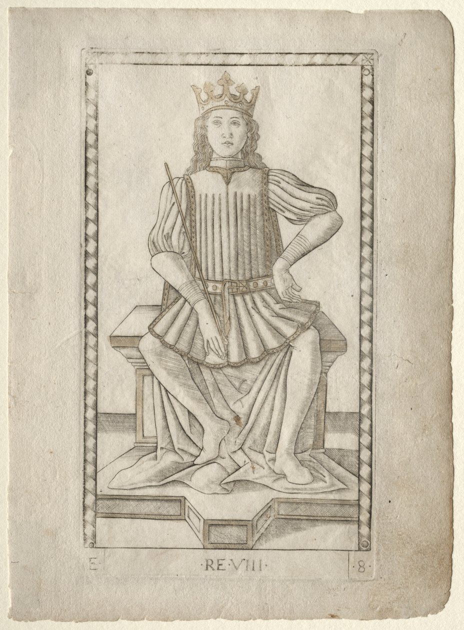 The King from the Tarocchi, serie E: Conditions of Man, #8, før 1467. av Master of the E Series Tarocchi