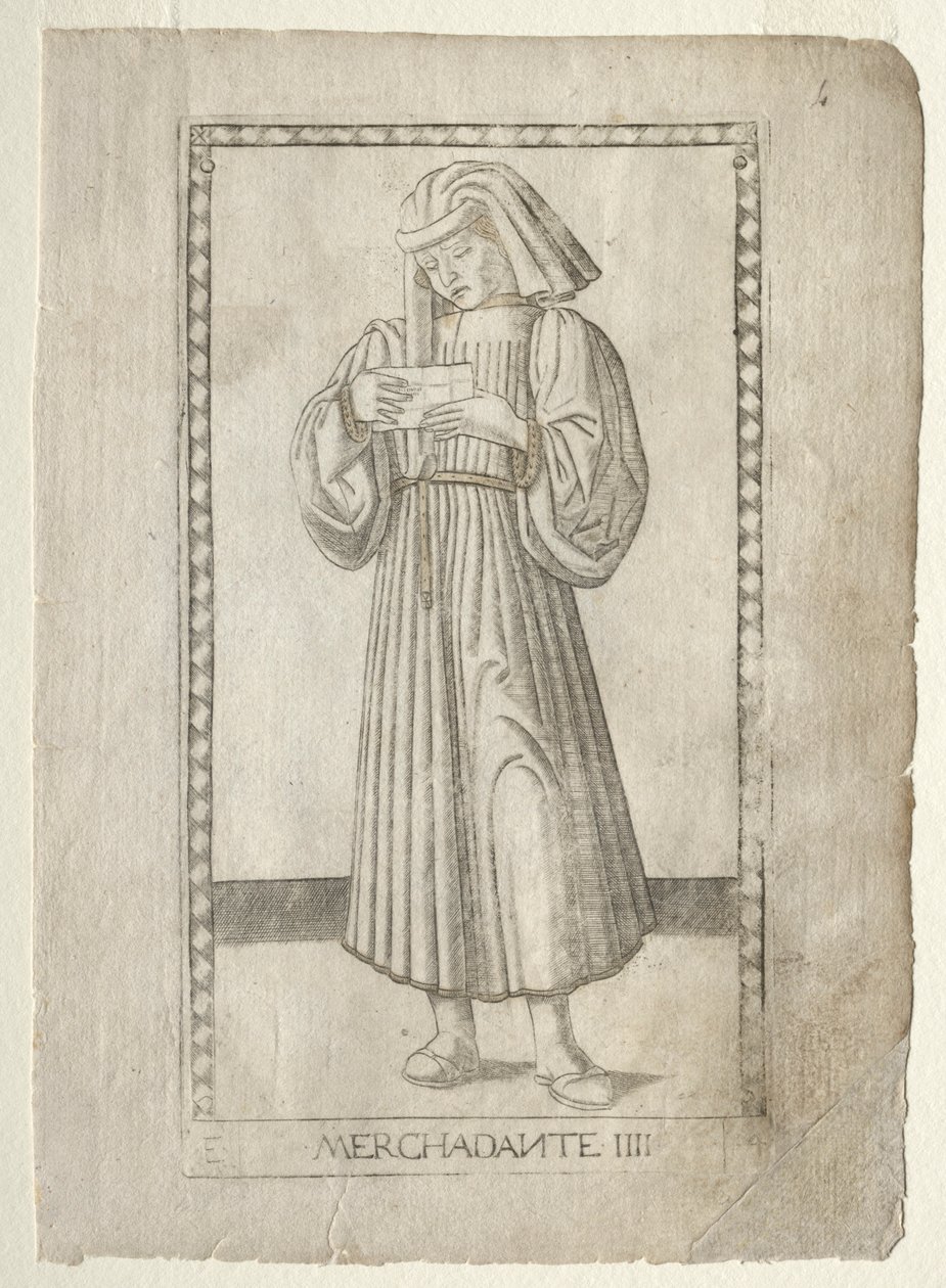 The Merchant from the Tarocchi, serie E: Conditions of Man, #4, før 1467. av Master of the E Series Tarocchi