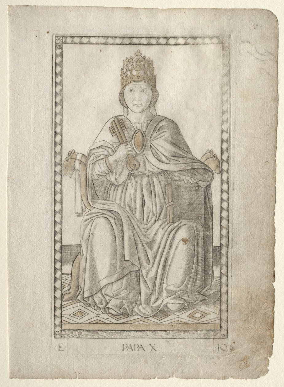 The Pope from the Tarocchi, serie E: Conditions of Man, #10, før 1467. av Master of the E Series Tarocchi