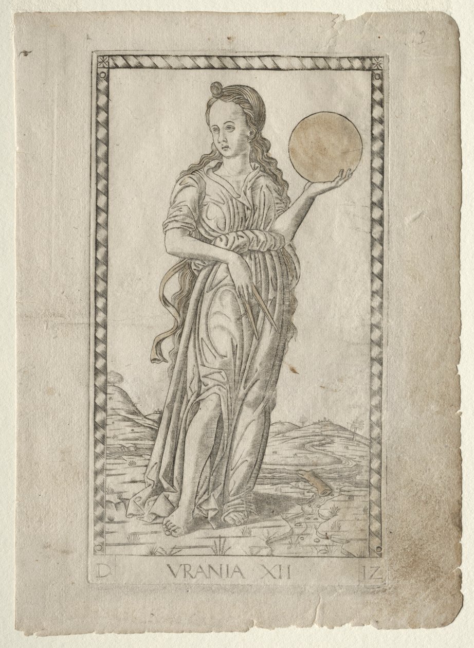 Urania-astronomi fra Tarocchi-serien D: Apollo and the Muses, #12, før 1467. av Master of the E Series Tarocchi