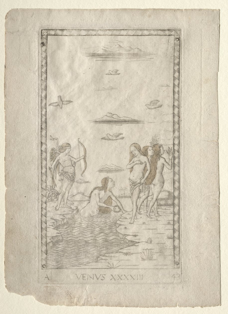 Venus fra Tarocchi, serie A: Firmaments of the Universe, #43, før 1467. av Master of the E Series Tarocchi