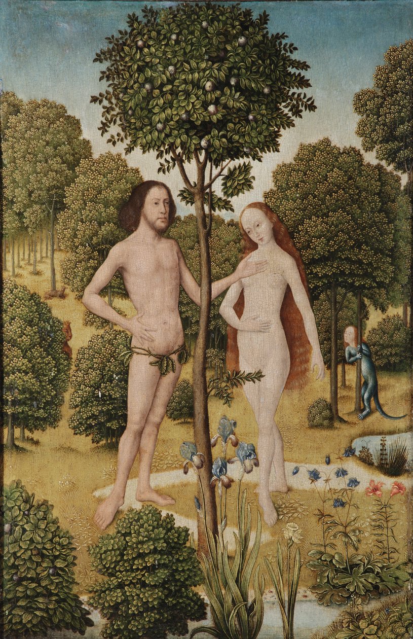 Adam og Eva i Edens hage (olje på panel) av Master of the Embroidered Foliage