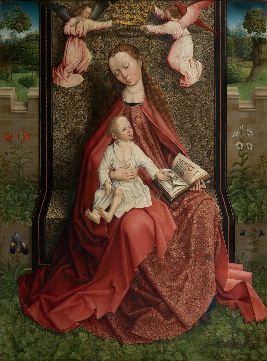 Madonna Crowned by Angels (olje på panel) av Master of the Embroidered Foliage
