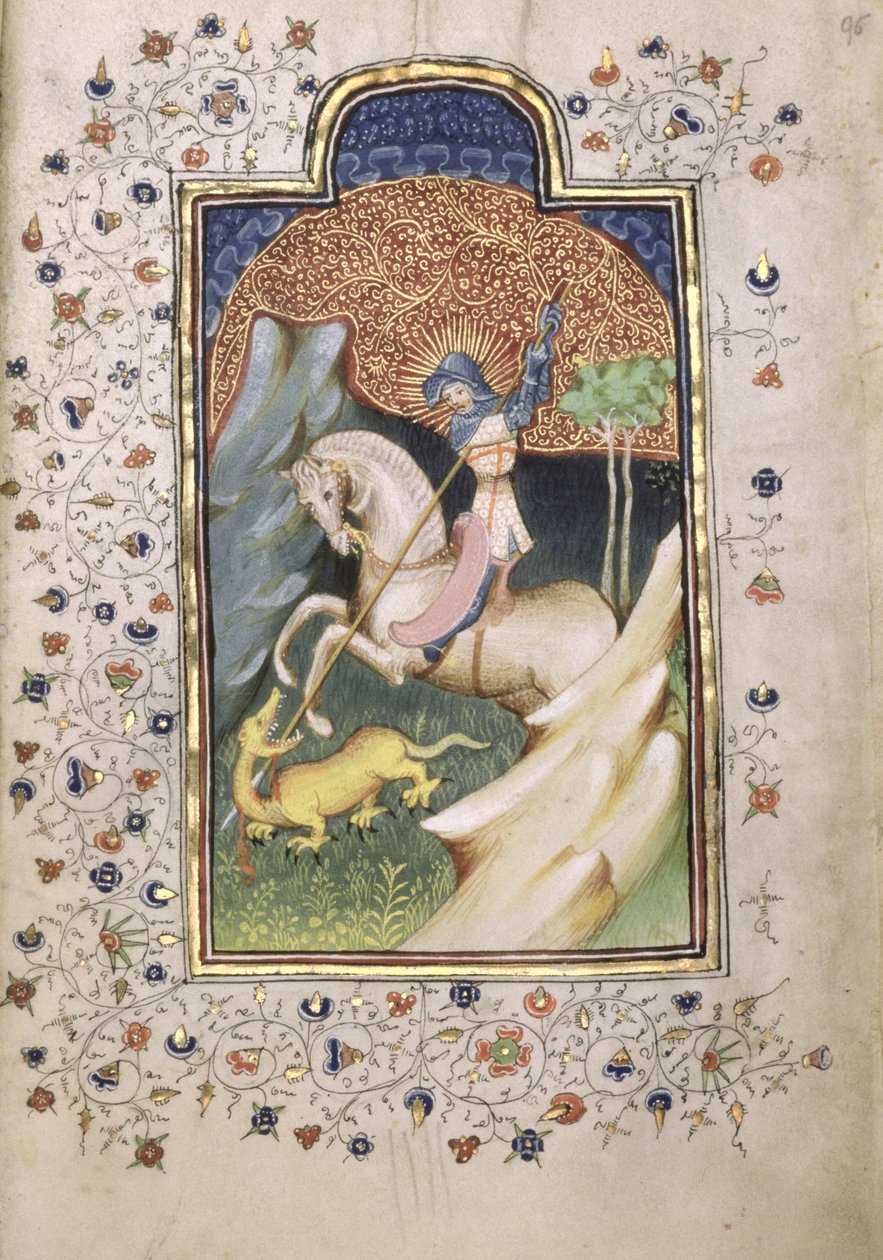 St George som kjemper mot dragen, 1420-30 (tempera og gull på pergament) av Master of the Embroidered Foliage