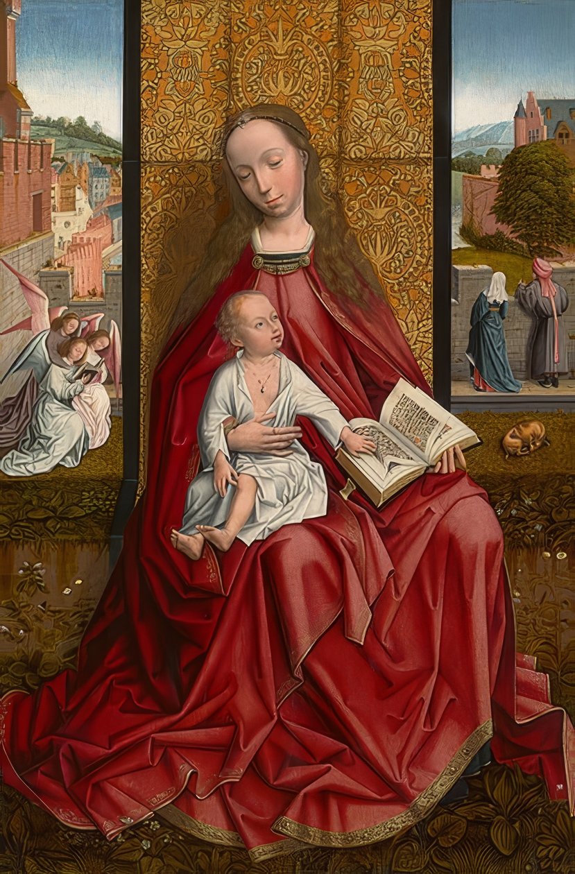 Mary tronet sammen med barnet. Rundt 1500 av Master of the Embroidered Foliage