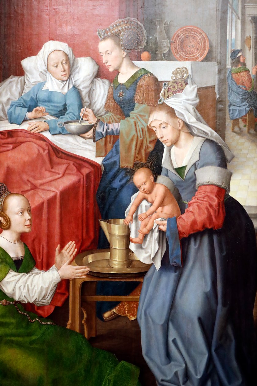 Evora museum. Mesteren av Evora-altertavlen. Jomfruens fødsel. Olje på panel. Flamsk skole 1500. Portugal. av Master of the Evora Altarpiece