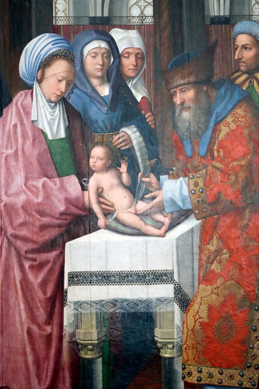 Evora museum. Mesteren av Evora-altertavlen. Kristi omskjæring. Olje på panel. Flamsk skole 1500. Portugal. av Master of the Evora Altarpiece