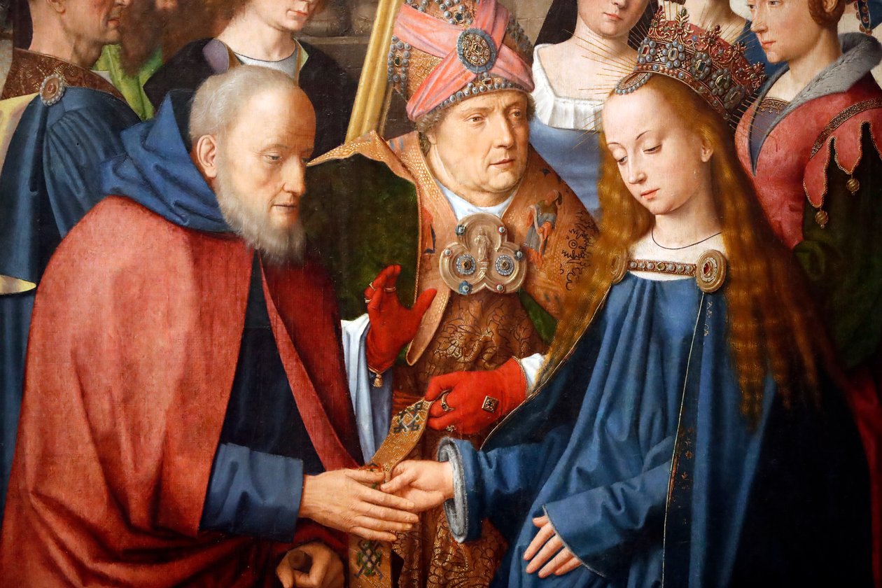 Evora museum. Mesteren av Evora-altertavlen. Bryllupet til Jomfruen og Josef. Olje på panel. Flamsk skole 1500. Portugal. av Master of the Evora Altarpiece