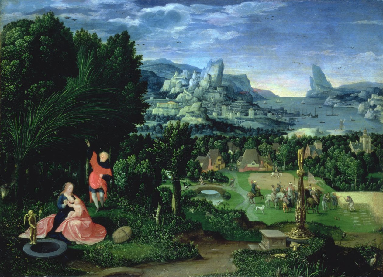 The Rest on the Flight into Egypt, landskap malt av Joachim Patinir (fl.1515-25) (panel) av Master of the Female Half Lengths