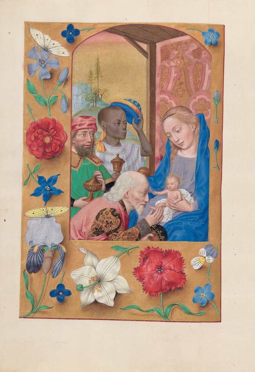 Hours of Queen Isabella the Catholic, Queen of Spain: Fol. 136v, tilbedelse av magiene, ca. 1500. av Master of the First Prayerbook of Maximillian