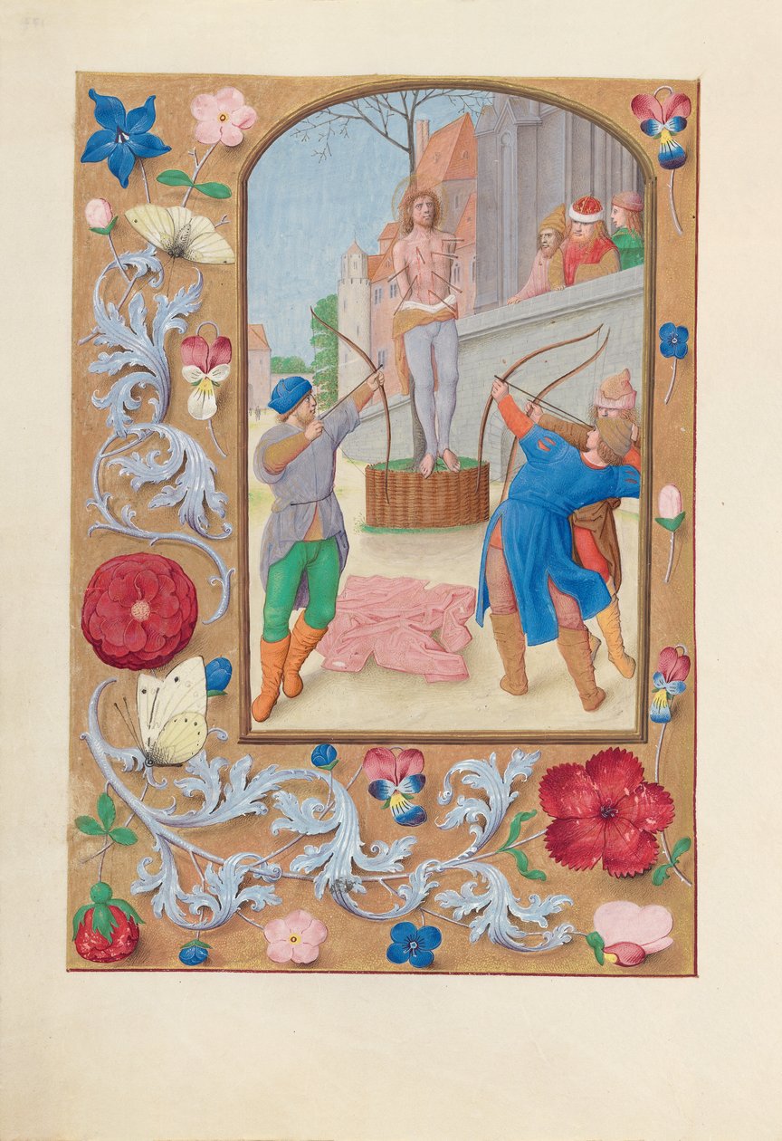 Hours of Queen Isabella the Catholic, Queen of Spain: Fol. 177v, St. Sebastian, ca. 1500. av Master of the First Prayerbook of Maximillian