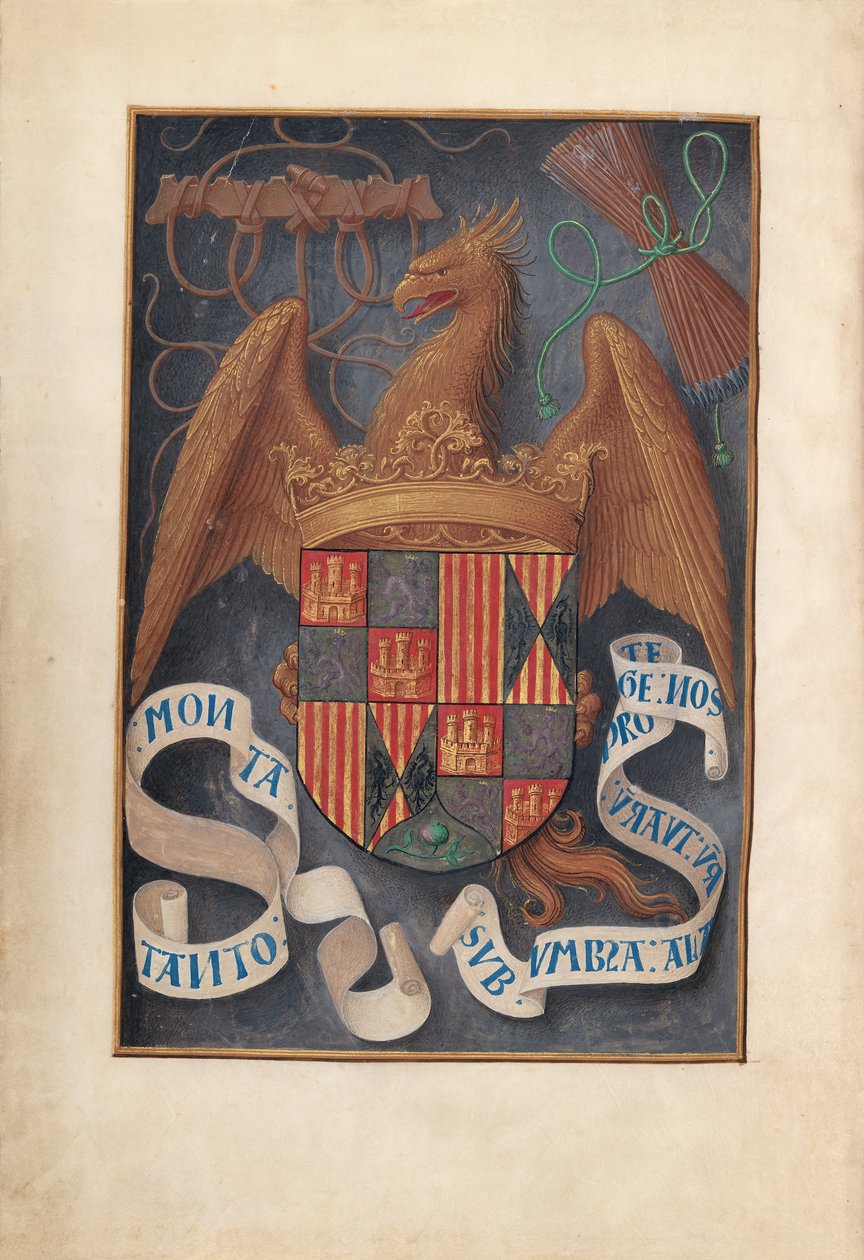 Hours of Queen Isabella the Catholic, Queen of Spain: Fol. 1v, Armer og mottoer til Isabel la Católica av Master of the First Prayerbook of Maximillian
