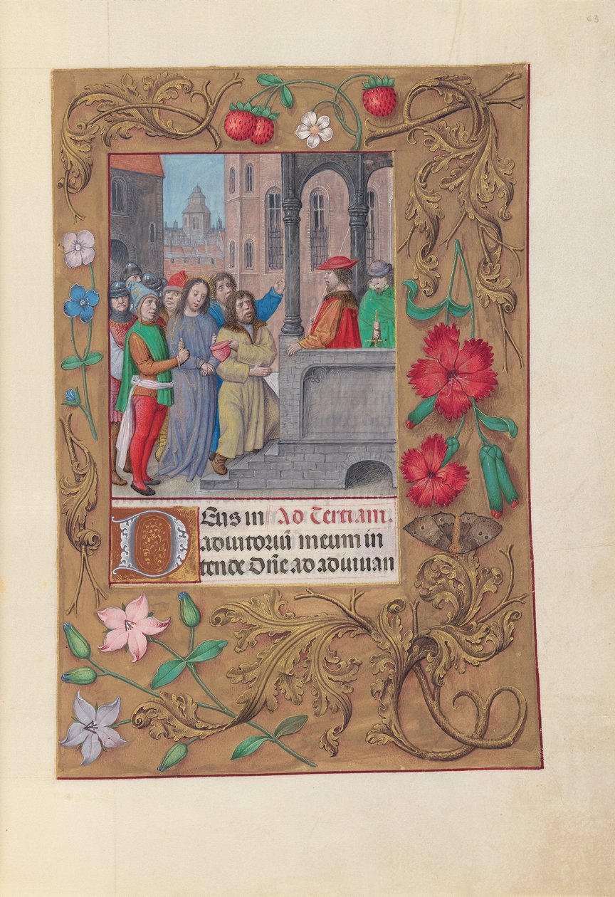 Hours of Queen Isabella the Catholic, Queen of Spain: Fol. 63r, Kristus før Pilatus, ca. 1500. av Master of the First Prayerbook of Maximillian