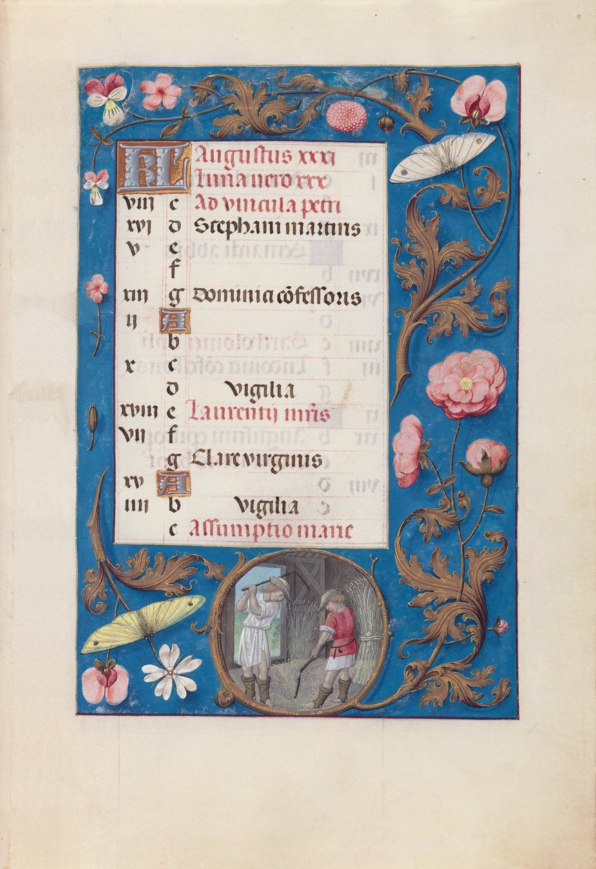 Hours of Queen Isabella the Catholic, Queen of Spain: Fol. 9r, august - Tresking av hvete, ca. 1500. av Master of the First Prayerbook of Maximillian