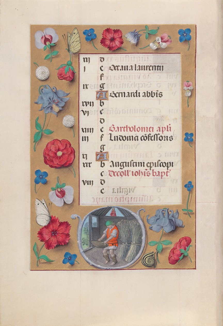 Hours of Queen Isabella the Catholic, Queen of Spain: Fol. 9v, august, ca. 1500. av Master of the First Prayerbook of Maximillian