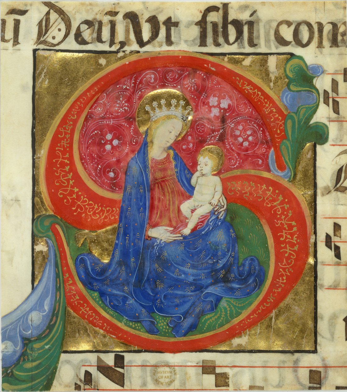 Manuskriptbelysning med jomfruen og barnet i en innledende S, fra et antifonarium, midten av 1400-tallet av Master of the Franciscan Breviary