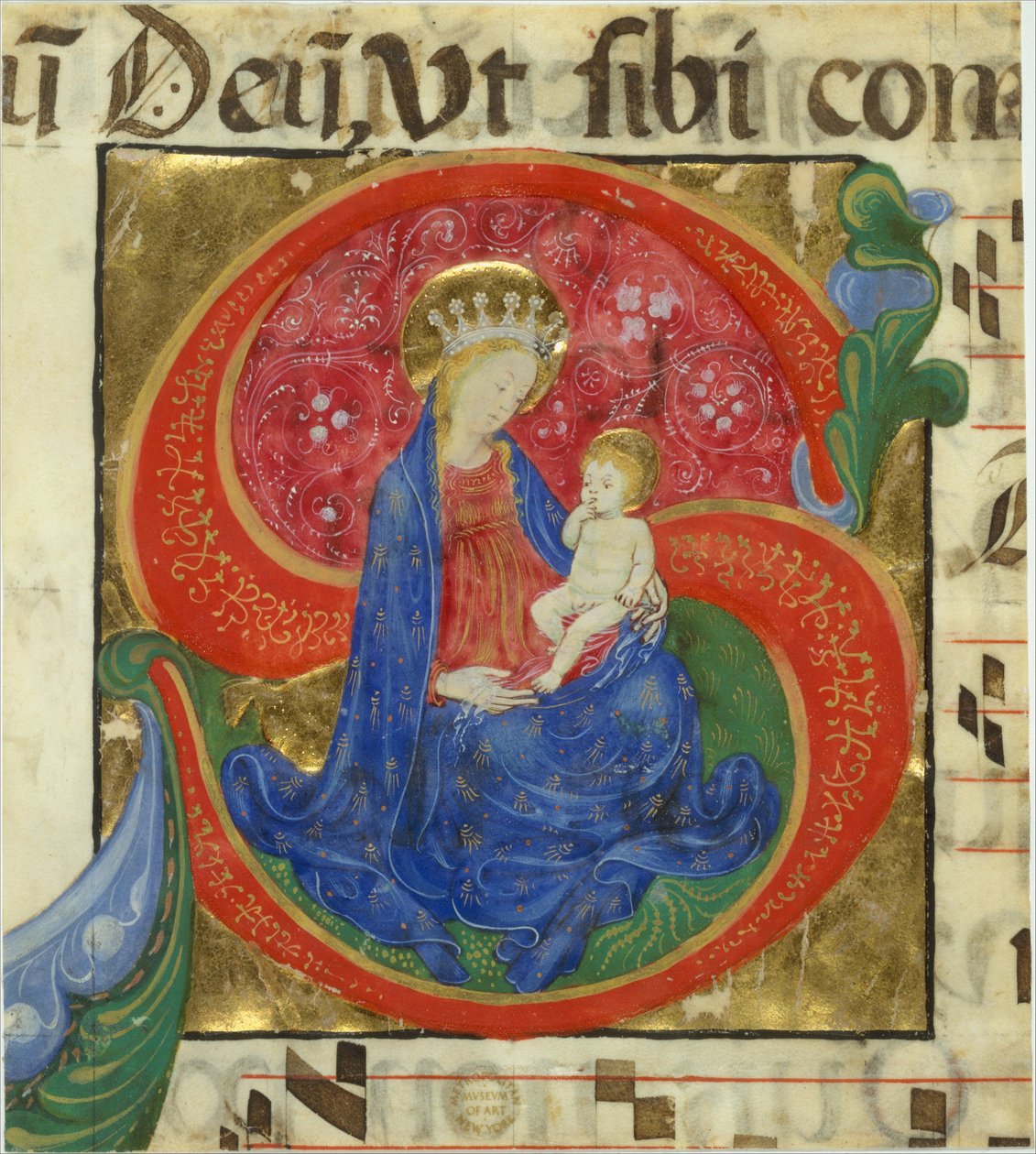 Manuskriptbelysning med jomfruen og barnet i en innledende S..., midten av 1400-tallet. av Master of the Franciscan Breviary
