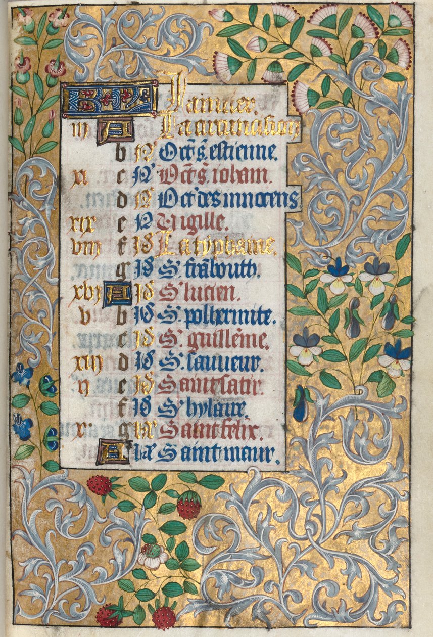 Timebok Bruk av Rouen: fol. 1r, forseggjort foliated kant, ca. 1470. av Master of the Geneva Latini