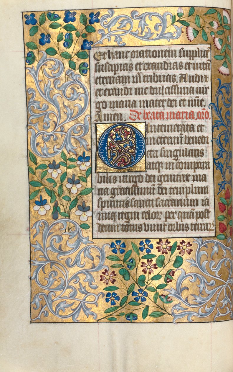 Timebok Bruk av Rouen: fol. 22v, stor initial O med forseggjort kant, ca. 1470. av Master of the Geneva Latini