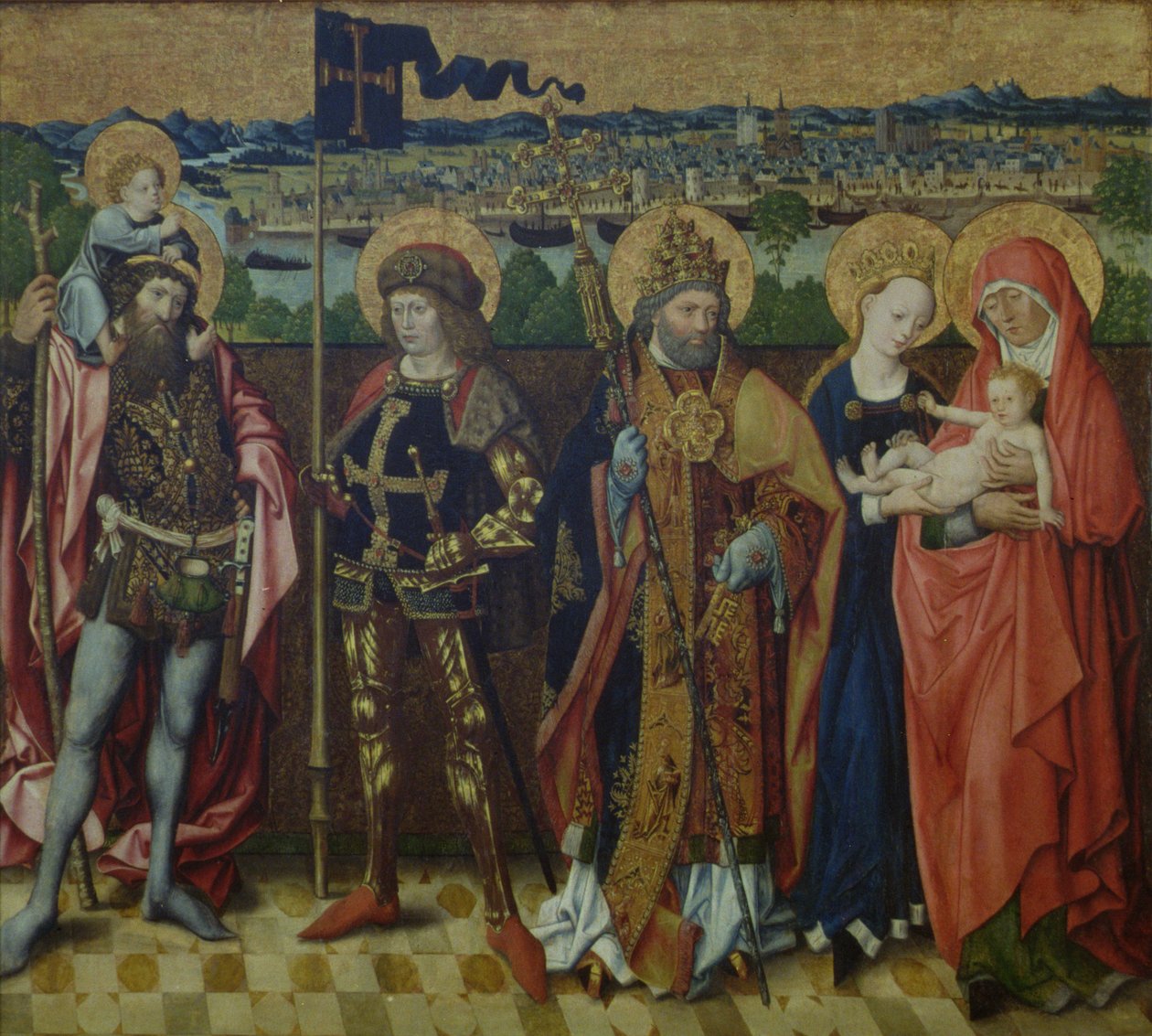 St. Anne, jomfruen og barnet, St. Christopher, St. Gereon og St. Peter i et landskap, som viser Köln og de syv åsene, ca. 1460-80 (eik) av Master of the Glorification of Mary