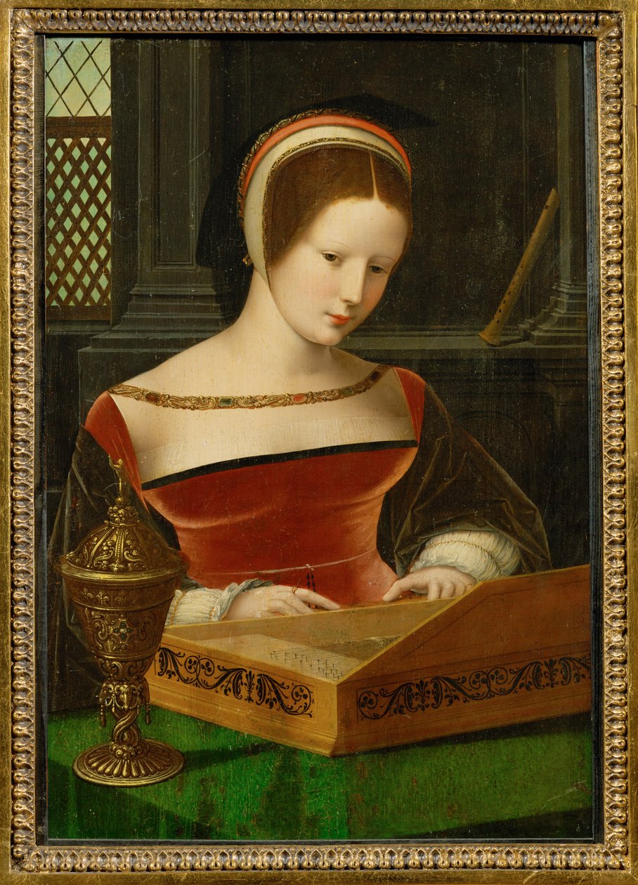 Dame ved klavikordet. Salvekrukken er et attributt til den hellige Maria Magdalena (maleri på lerret) av Master of the Half Figures