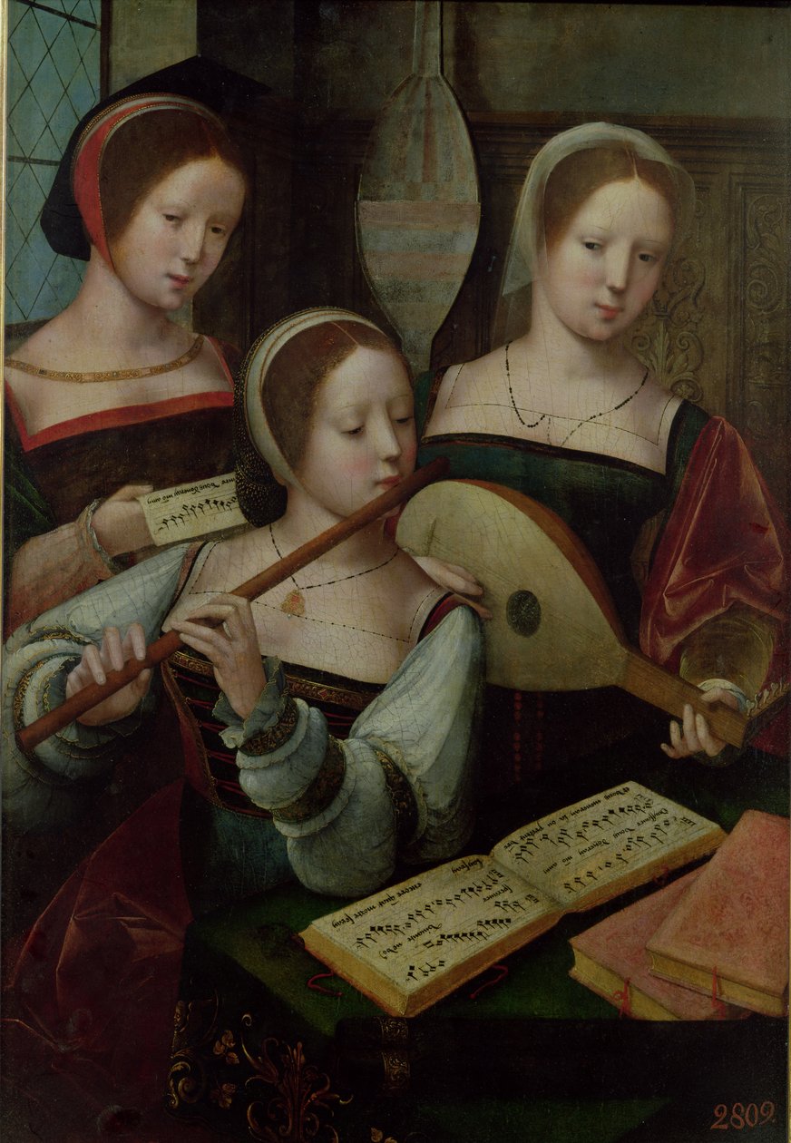 Tre musikere (tempera på panel) av Master of the Half Figures