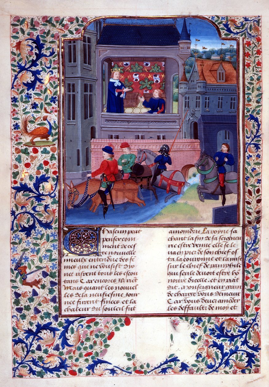 Add.35323 fol.156v Ruggiero og hans følgesvenner rir over elven, fra kapittel 1, bok X av 
