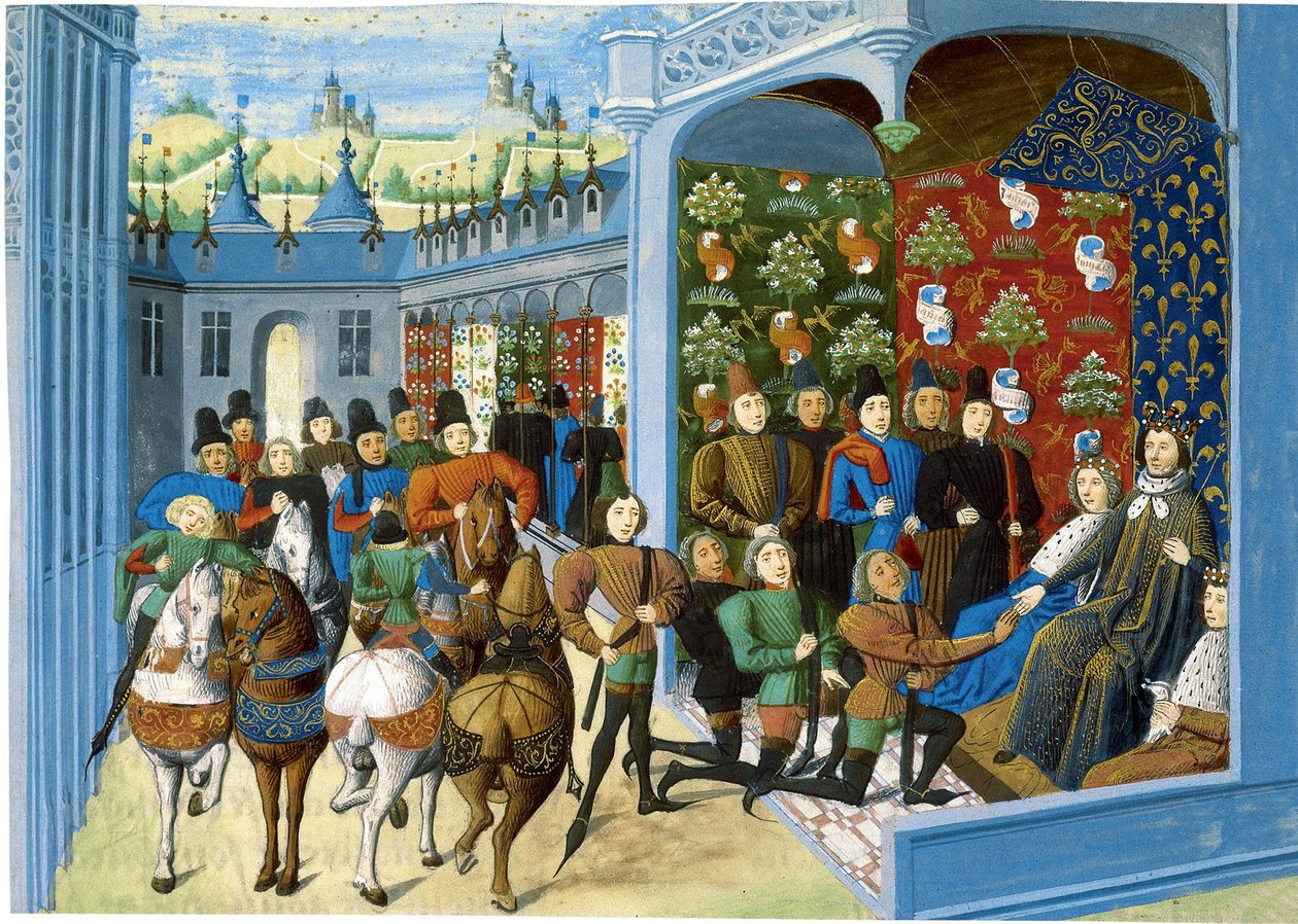 Kong Charles VI av Frankrike tar imot de engelske utsendingene. Fra Jean Froissarts Chroniques, før av Master of the Harley Froissart
