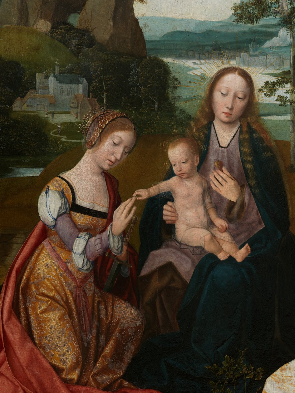 Detalj av sentralpanelet til Jomfru og Barn med St. Catherine og St. Barbara, ca. 1520-25 (olje på panel) av Master of the Holy Blood