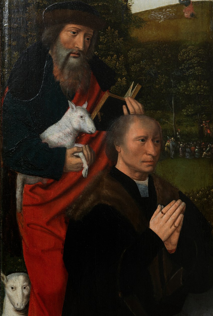 Detalj av venstre panel av Jomfru og Barn med St. Catherine og St. Barbara, ca. 1520-25 (olje på panel) av Master of the Holy Blood