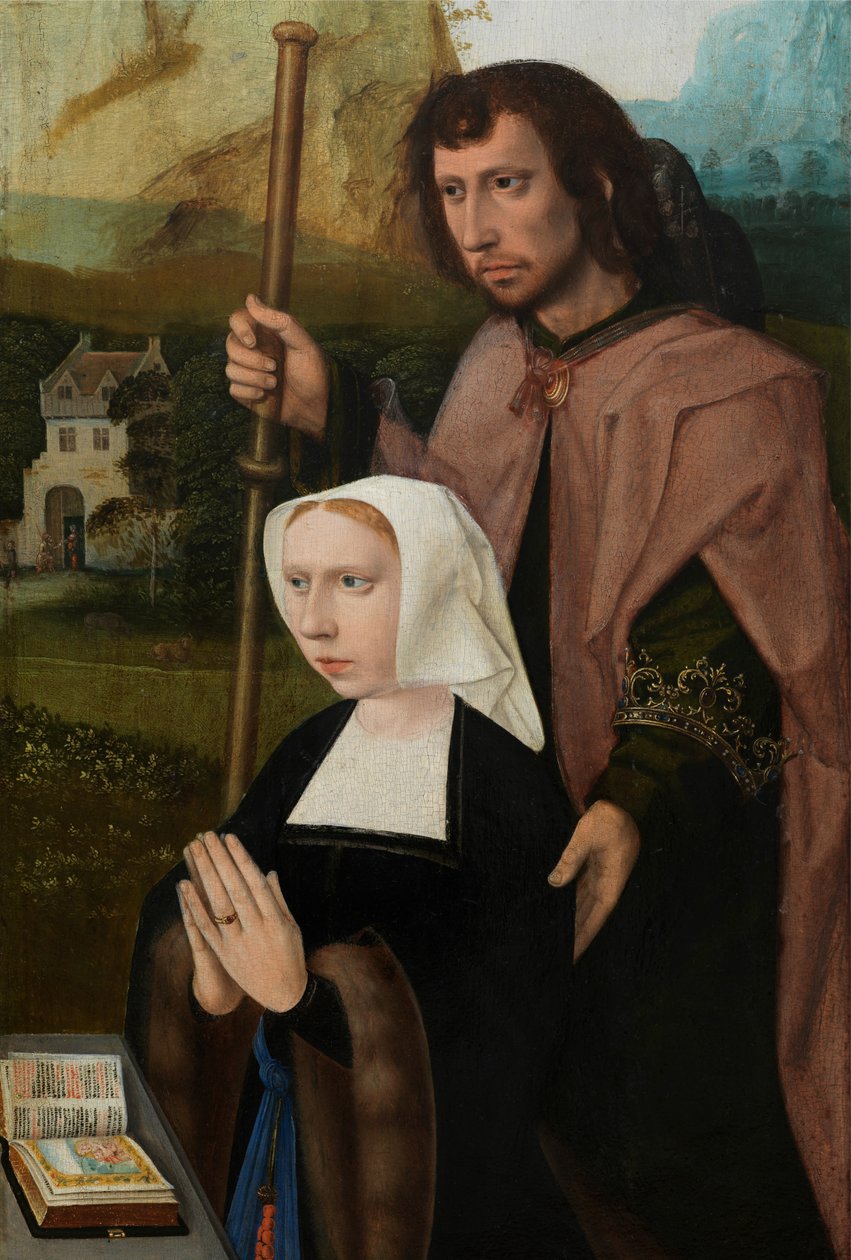 Detalj av det høyre panelet til Jomfru og barnet med St. Catherine og St. Barbara, ca. 1520-25 (olje på panel) av Master of the Holy Blood