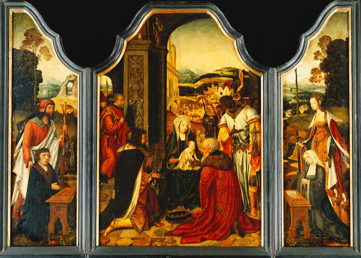 Triptych: Adoration of the Magi, med St. James som presenterer giveren og St. Catherine of Alexandria presenterer giverens kone og to døtre av Master of the Holy Blood