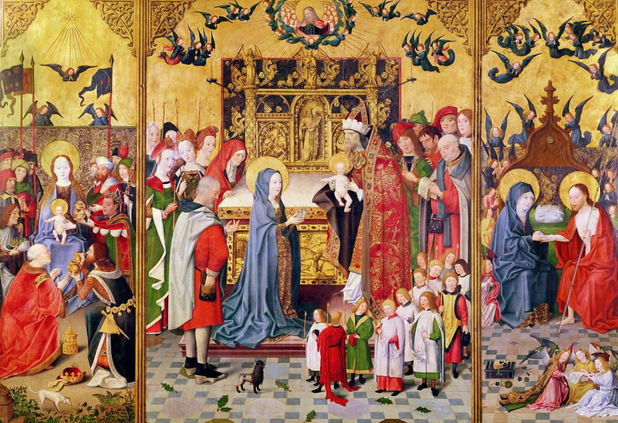 Altertavle av Jomfruens syv gleder, som viser tilbedelsen av magiene, presentasjonen i tempelet og Kristus som viser seg for Maria, ca. 1480 av Master of the Holy Family