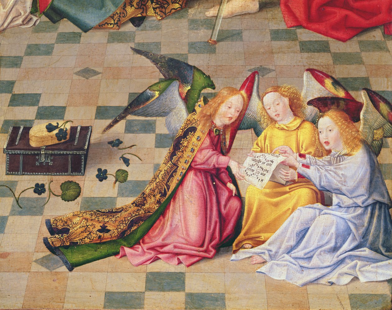 Englemusikere fra høyre panel på altertavlen til Jomfruens syv gleder, ca. 1480 (olje på tre) (detalj av 215399) av Master of the Holy Family