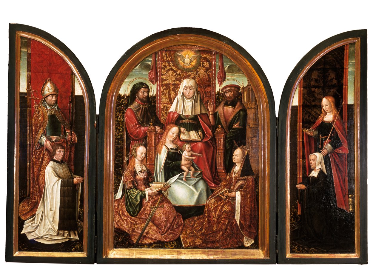 En kanon med St. Livinus (venstre fløy), The Family of St. Anne (midtpanel), giver med St. Elizabeth (høyre fløy), The Annunciation (lukket) ca.1500-10 (olje på panel) av Master of the Holy Family of St. Anne