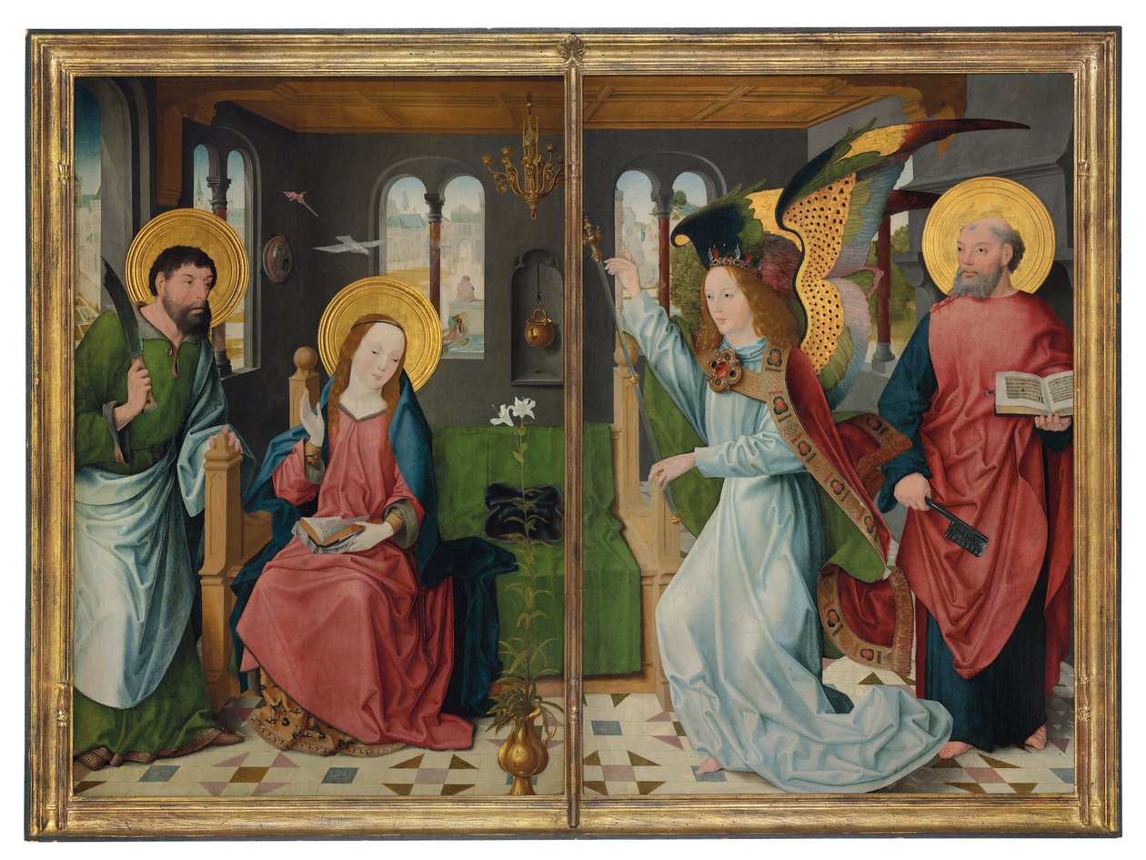 Bebudelsen, med de hellige Bartholomew og Peter, to vinger fra en altertavle av Master of the Holy Kinship