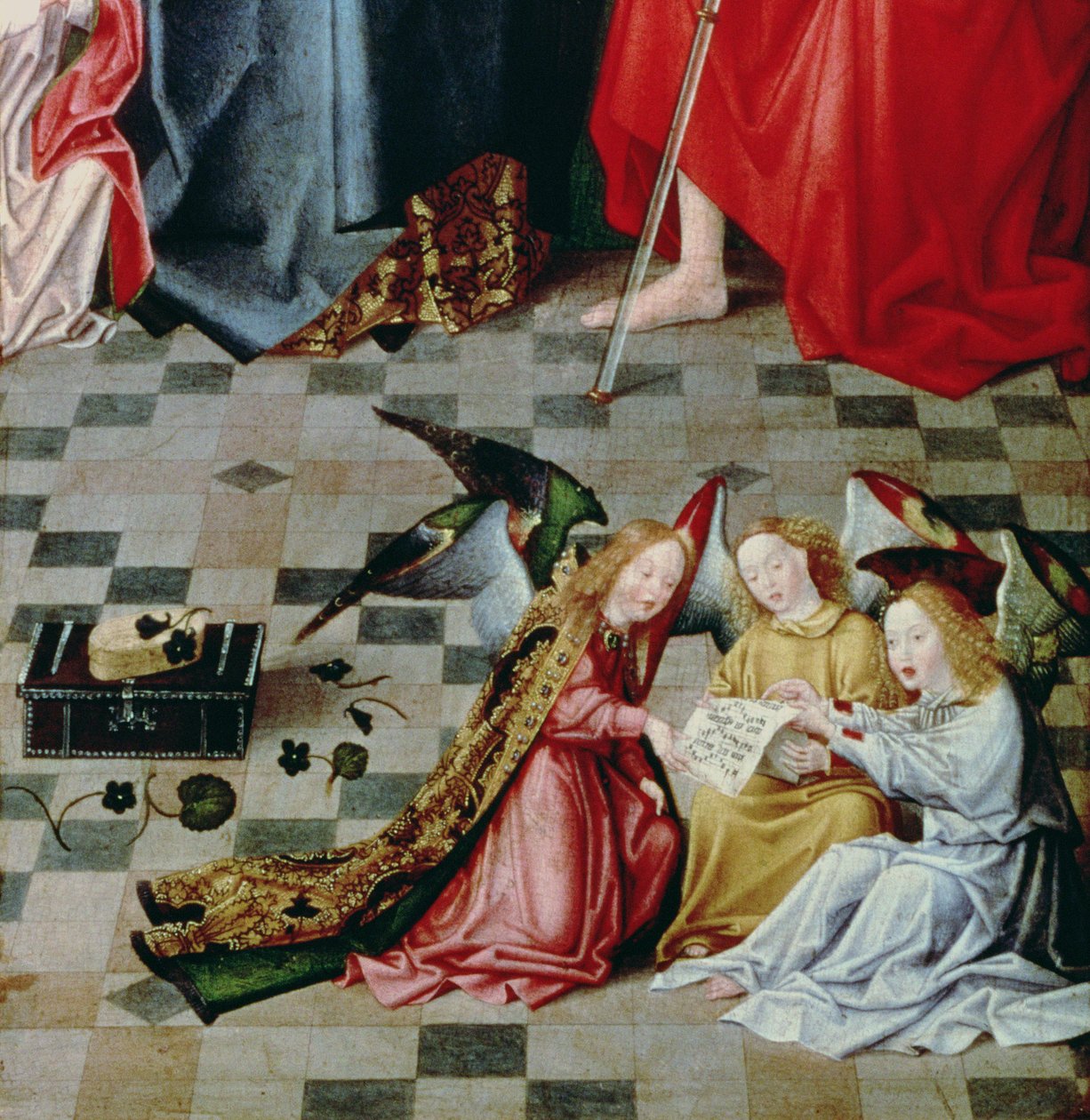 The Seven Joys of the Virgin Altertavle: detalj av tre syngende engler, ca. 1480 (panel) (detalj av 5896) av Master of the Holy Parent