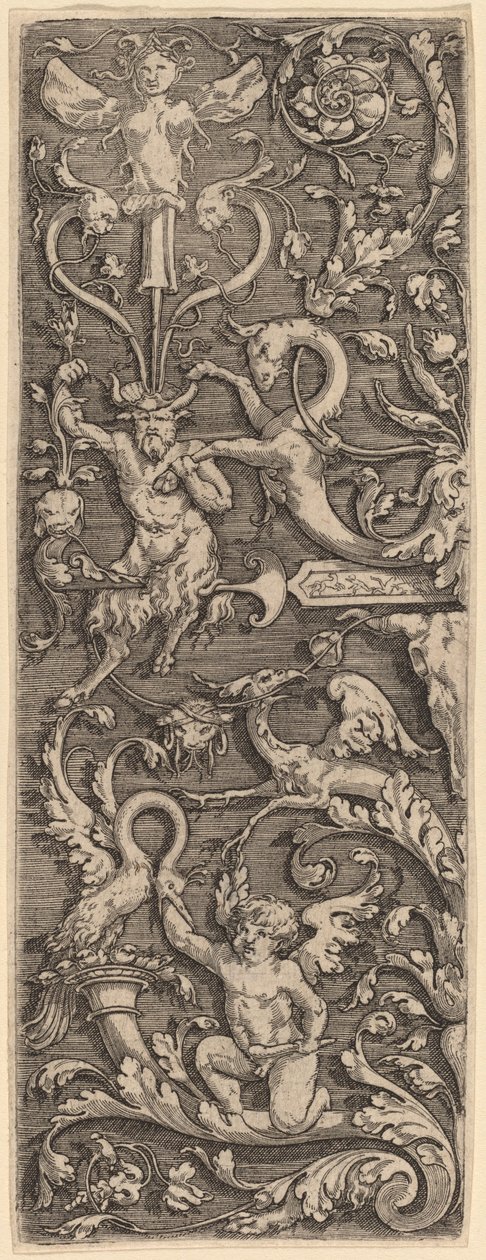 Ornament med en amor, en satyr og groteske figurer av Master of the Horse Heads
