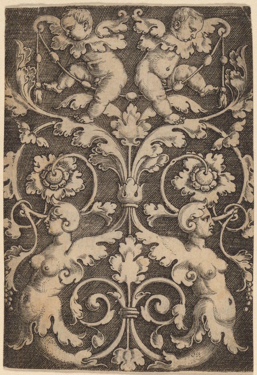 Oppreist ornament med to sirener av Master of the Horse Heads