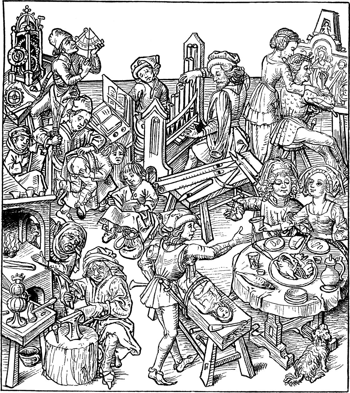 Merkur og hans barn. Illustrasjon fra Husboken, 1480-tallet av Master of the Housebook
