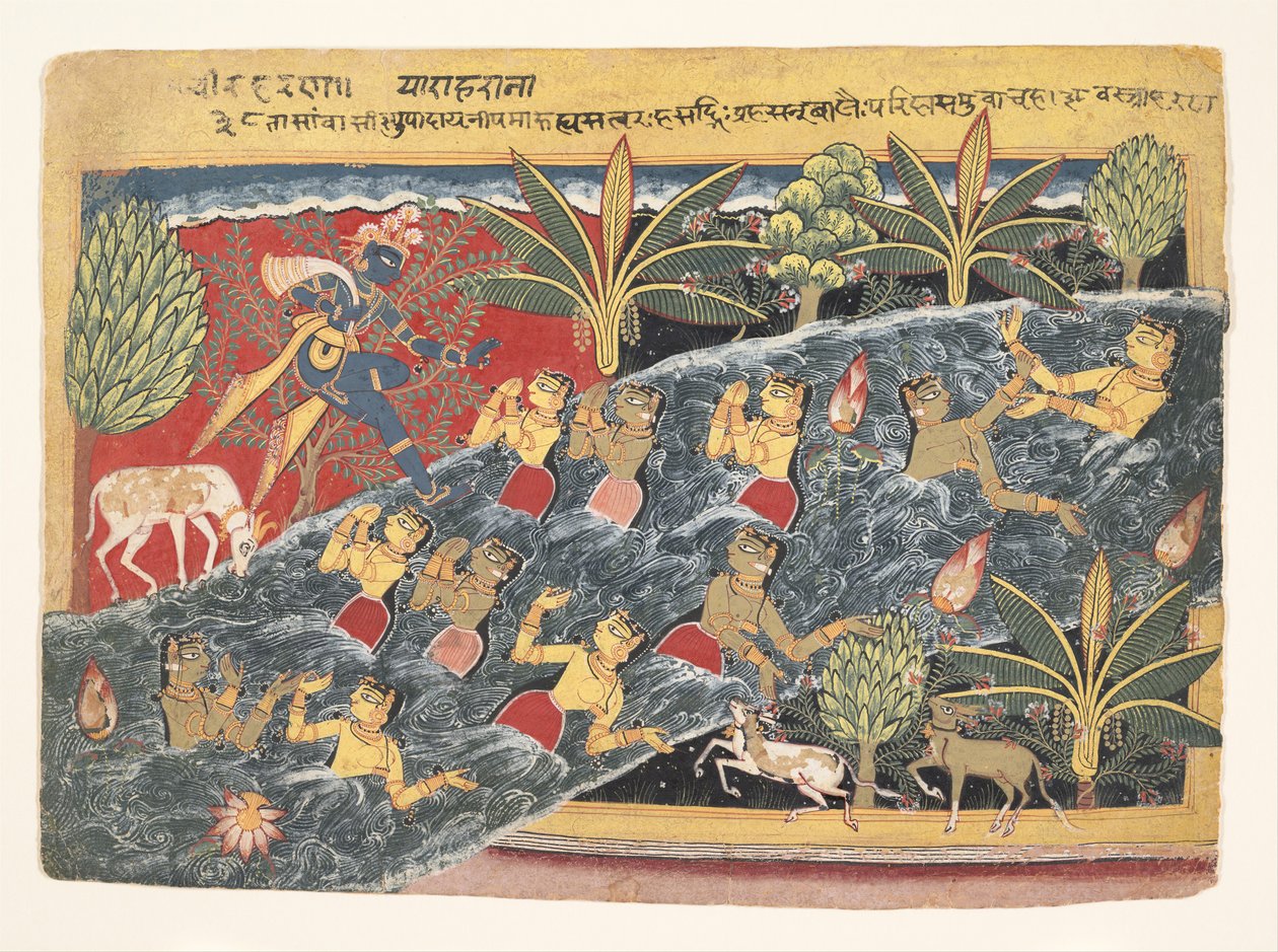 The Gopis ber Krishna om å returnere klærne sine: Folio fra Isarda Bhagavata..., ca. 1560-65 av Master of the Isarda