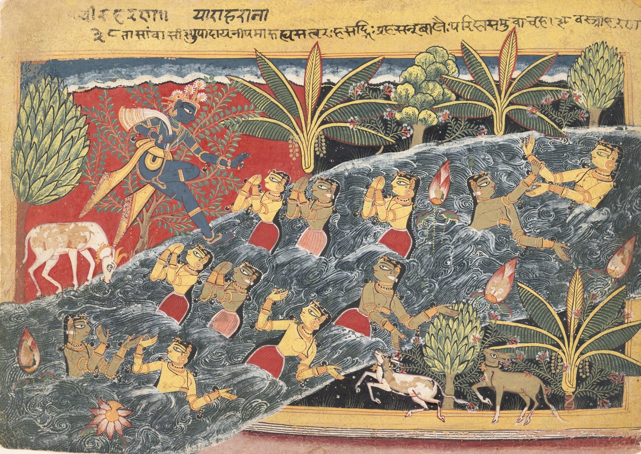 The Gopis ber Krishna om å returnere klærne sine..., ca. 1560-65. av Master of the Isarda