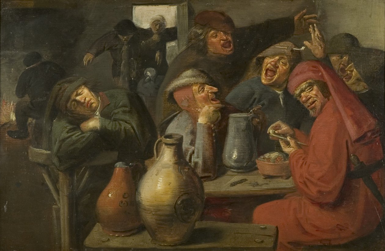 Interiør i en taverna, Bønders karusering, ca. 1635 (olje på panel) av Master of the Large Jar