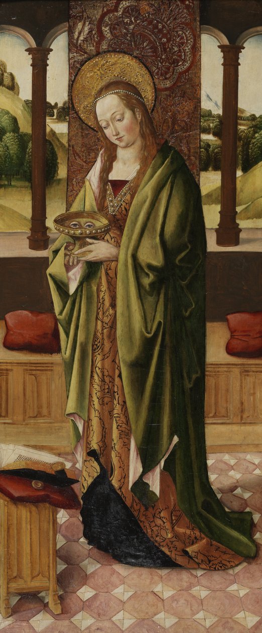 Triptych of Virgin and Child with Two Angels, detalj av St. Lucy fra høyre panel, ca. 1500 (se også 225326, 225327) av Master of the Lee Triptych Master of the Lee Triptych