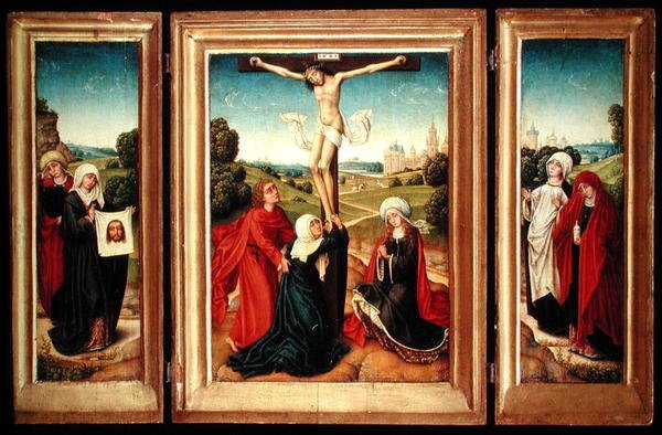 Triptyk med midtpanelet som viser korsfestelsen med jomfruen, St. Johannes og Maria Magdalena; venstre fløy: St. Veronica og en kvinnelig hellig; og høyre ving: The Two Marys (olje på panel) av Master of the Legend of St. Catherine